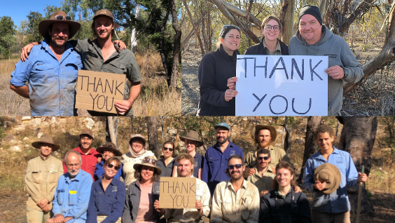 A heartfelt thank you from the team across the country – we simply couldn't do it with you! Pictured – teams in the Kimberley (WA), at Yookamurra (SA) and Mount Zero–Taravale (QLD) wildlife sanctuaries (top of article).
