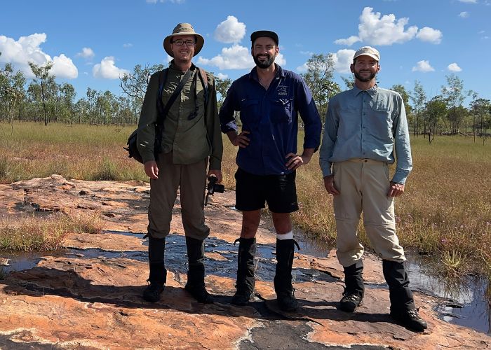Thilo Krueger, AWC Wildlife Ecologist Dr Tom Sayers and Dr Andreas Fleischmann at Sundew Springs.